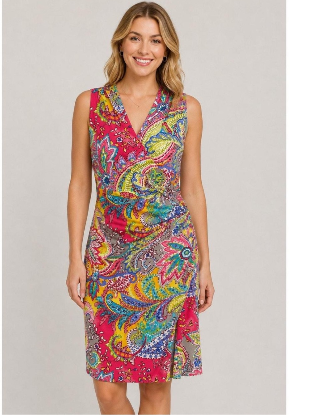 Lauren Ralph Lauren Paisley Multicolor Sleeveless Ruched Faux Wrap Dress size 6